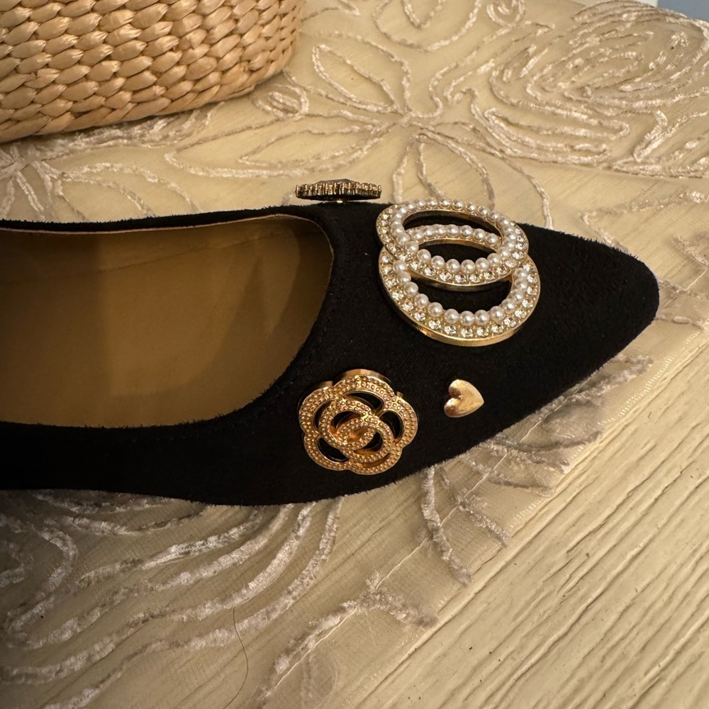 Rouge Black Flats with Pearl & Gold Embellishments - Picture 6 of 16